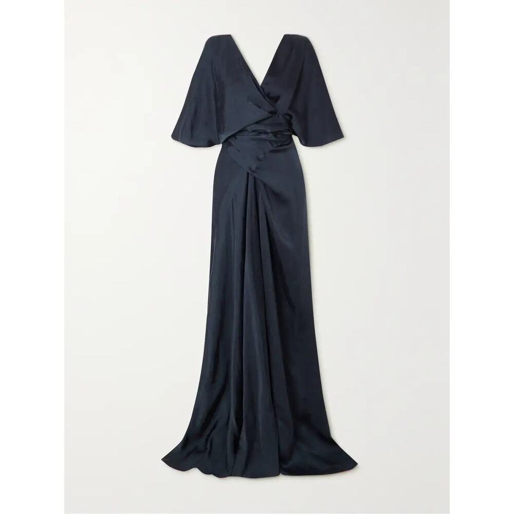 CORTANA Martina Open-Back Cupro Satin Maxi Dress- XS Blue Wrap Formal